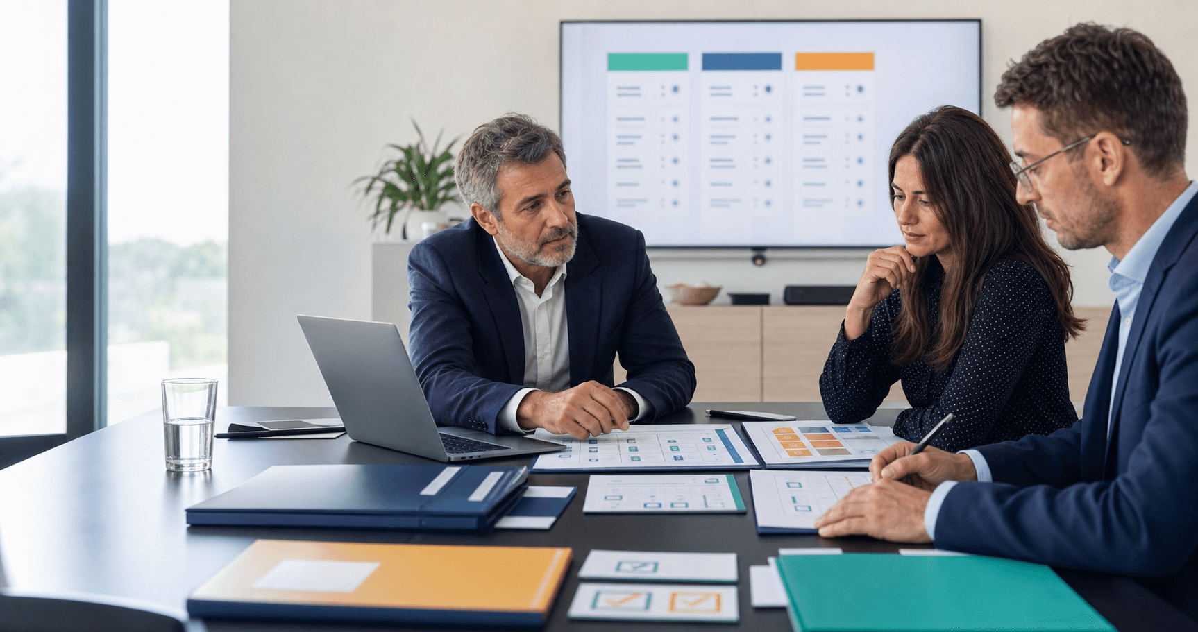 Dirigeants de PME comparant des propositions de prestataires informatiques avec un conseiller