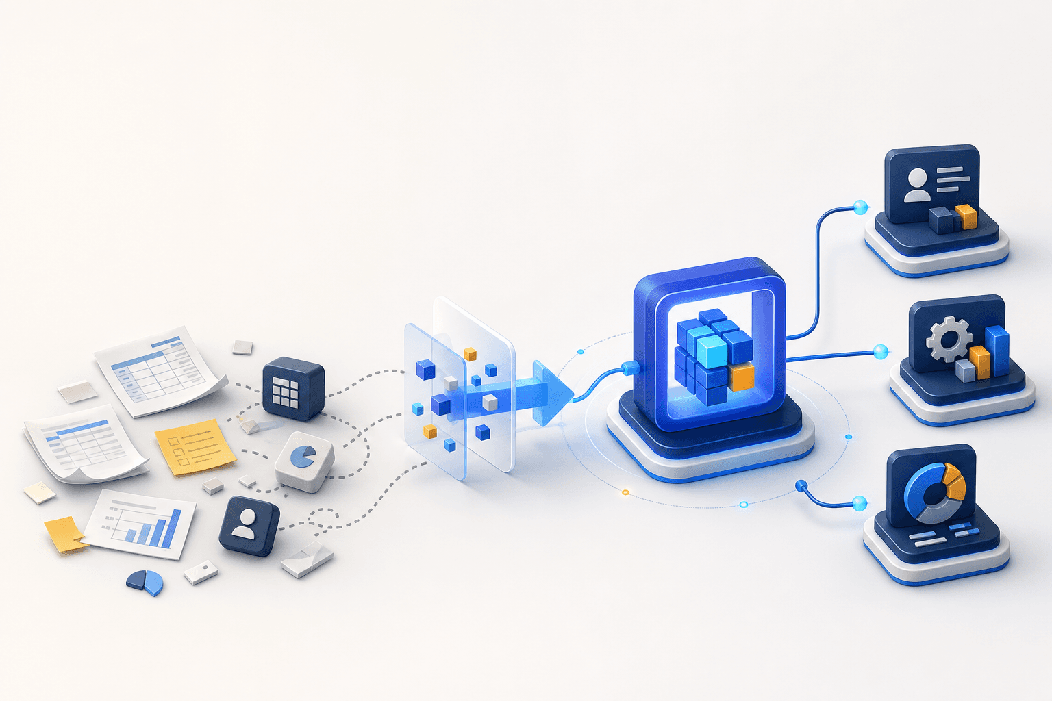 Illustration d'un processus métier qui passe de fichiers et outils dispersés à une application métier centrale connectée